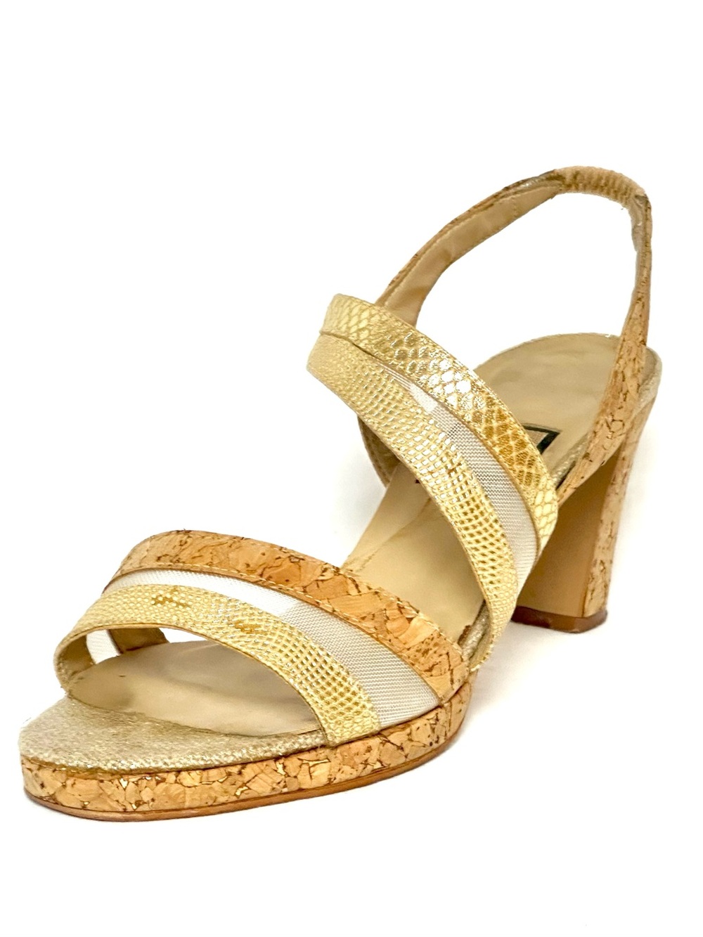 Nina Strappy Open Toe Heels in Gold & Tan Size: 8M